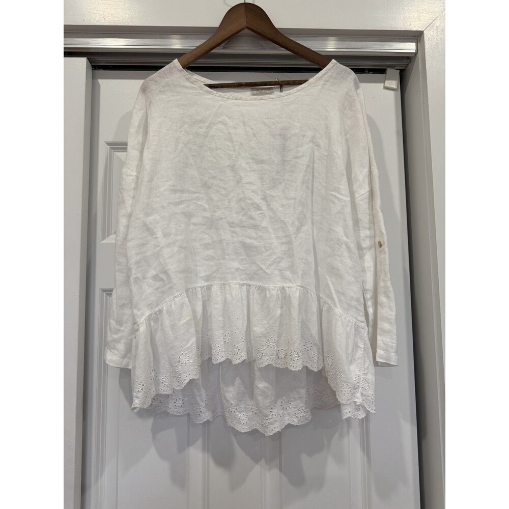 NWT Bellambia Womens S White RollTab Linen Lagenlook Oversized Embroidered Italy